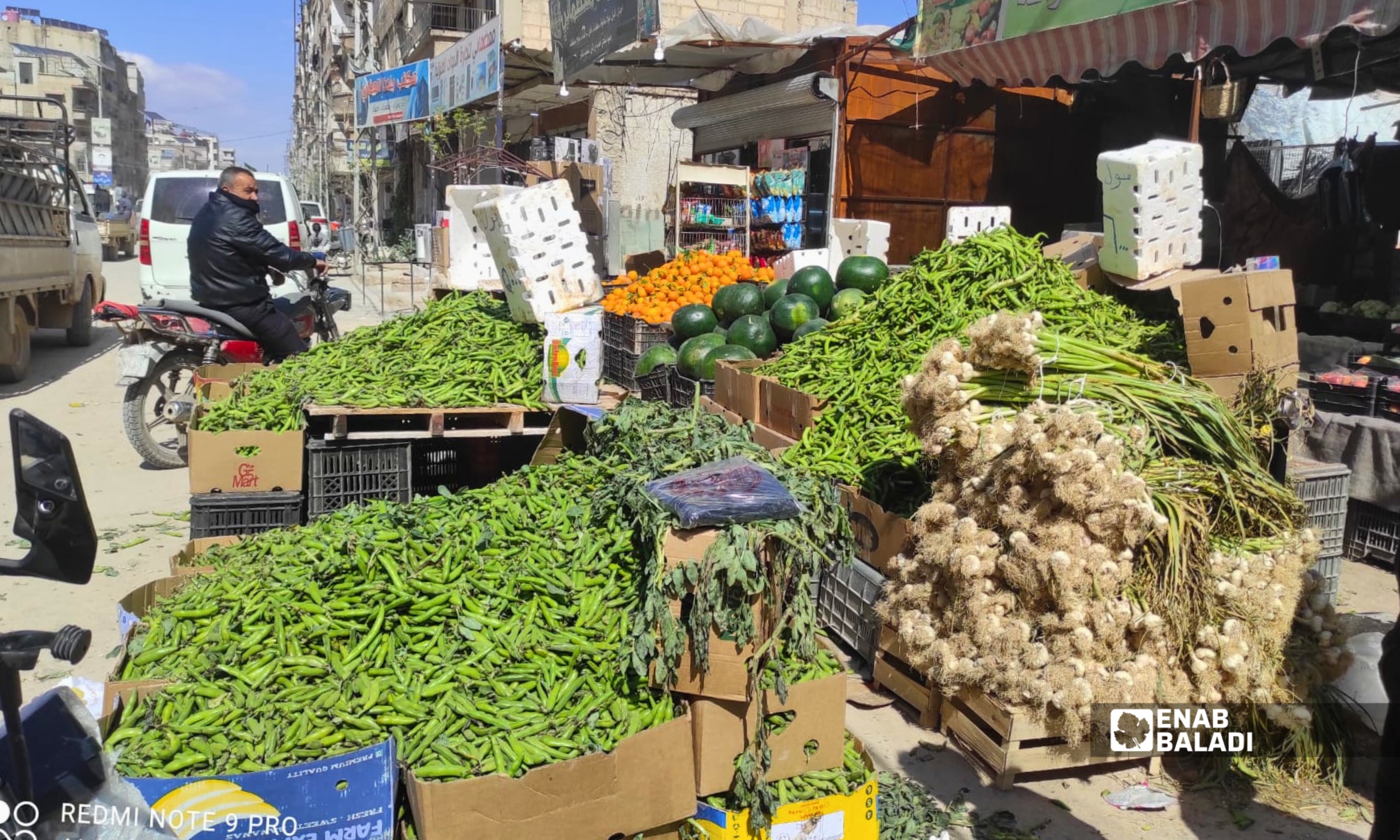 محل خضار في داريا يعرض الفول الأخضر مع بداية موسم المونة المحلية في السوق - 9 نيسان 2026 (عنب بلدي - أنس تقى)