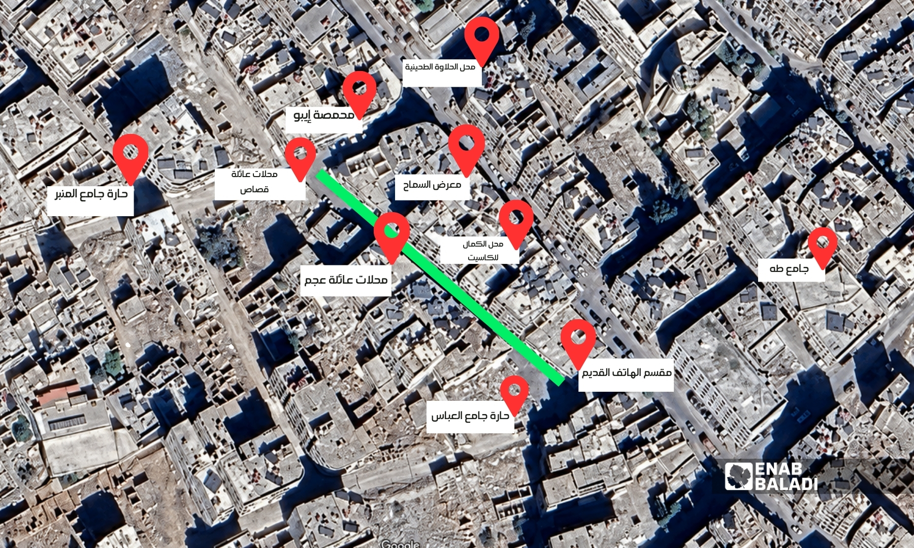 سوق عجم.. حكاية حارة صغيرة صنعت ذاكرة التجارة في داريا 10 خريطة توضح موقع سوق عجم في داريا (Google Earth)