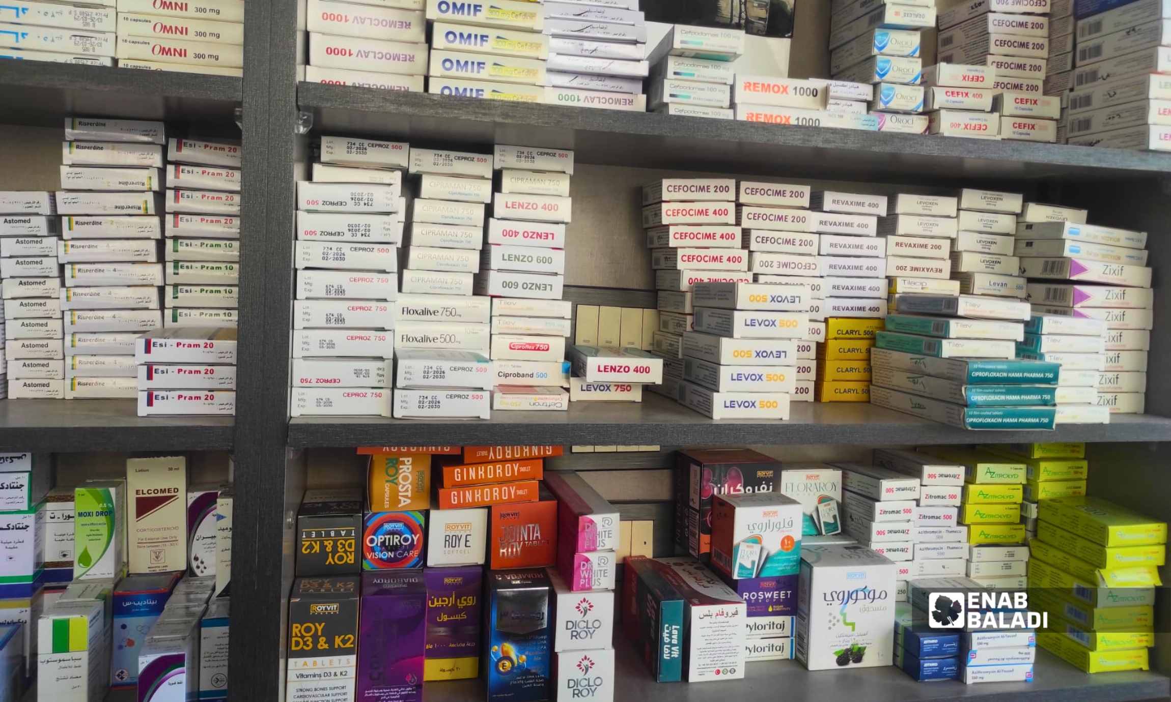 عبوات أدوية معروضة على رفوف إحدى الصيدليات في مدينة داريا