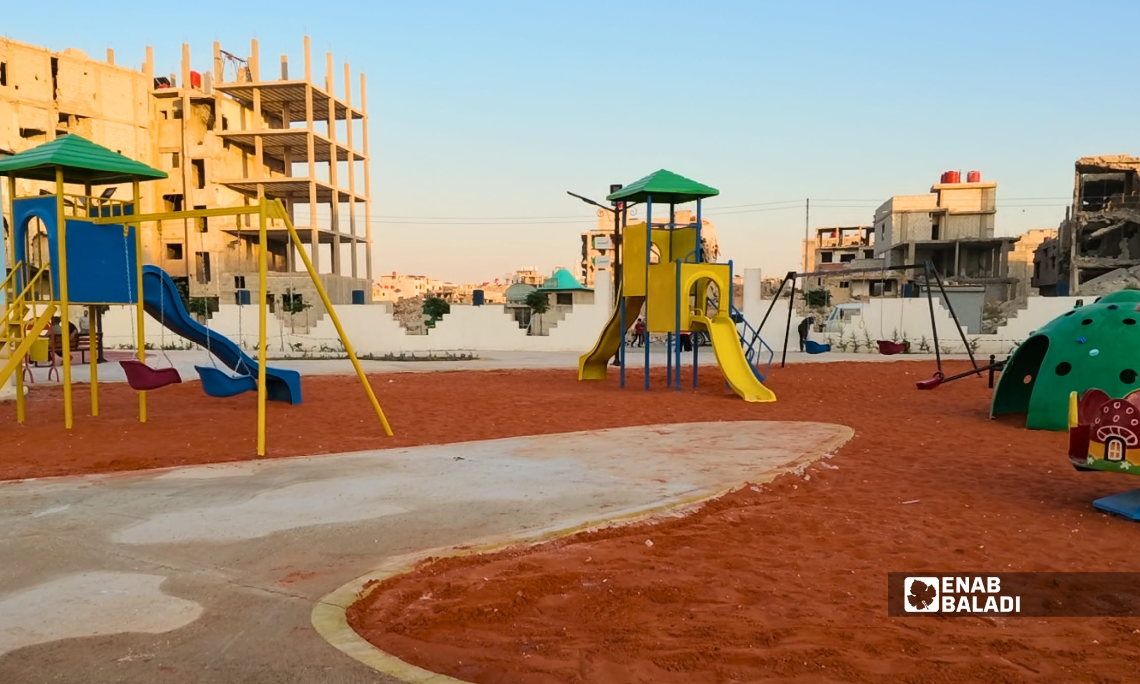 صورة جوية للحديقة العامة في داريا بعد إعادة تأهيلها وافتتاحها أمام الأهالي