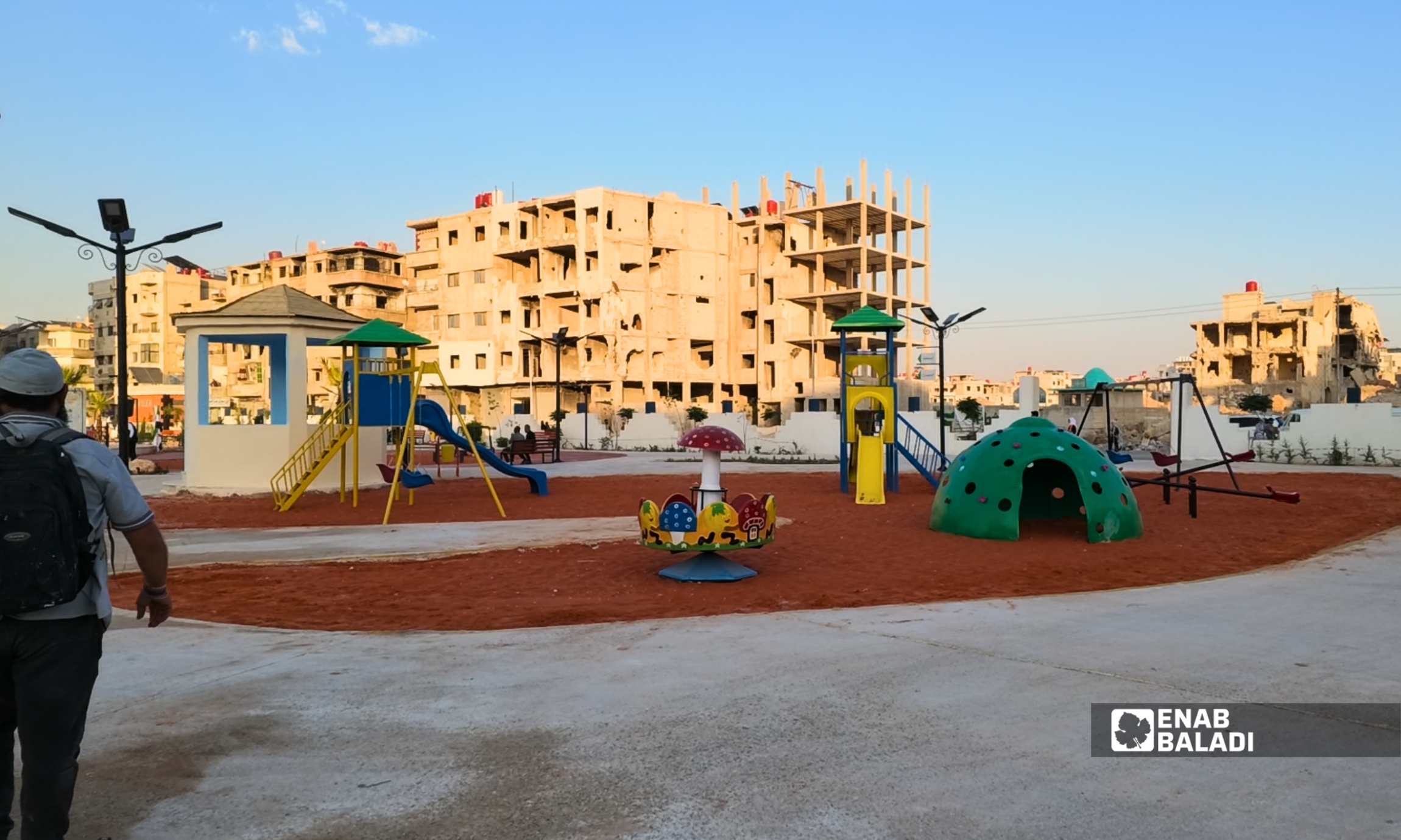 صورة جوية للحديقة العامة في داريا بعد إعادة تأهيلها وافتتاحها أمام الأهالي