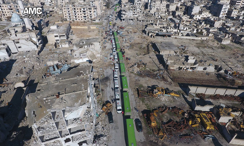 Aerial photographs of the convoys to evacuate the wounded from the besieged city of Aleppo to the western countryside of Aleppo, December 15th 2016 (Aleppo media center)