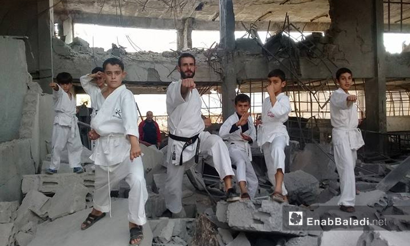 Karate show for the Syrian coach Ahmed Badawi and the children he trains in Aleppo's countryside - November 8, 2017 (Enab Baladi)