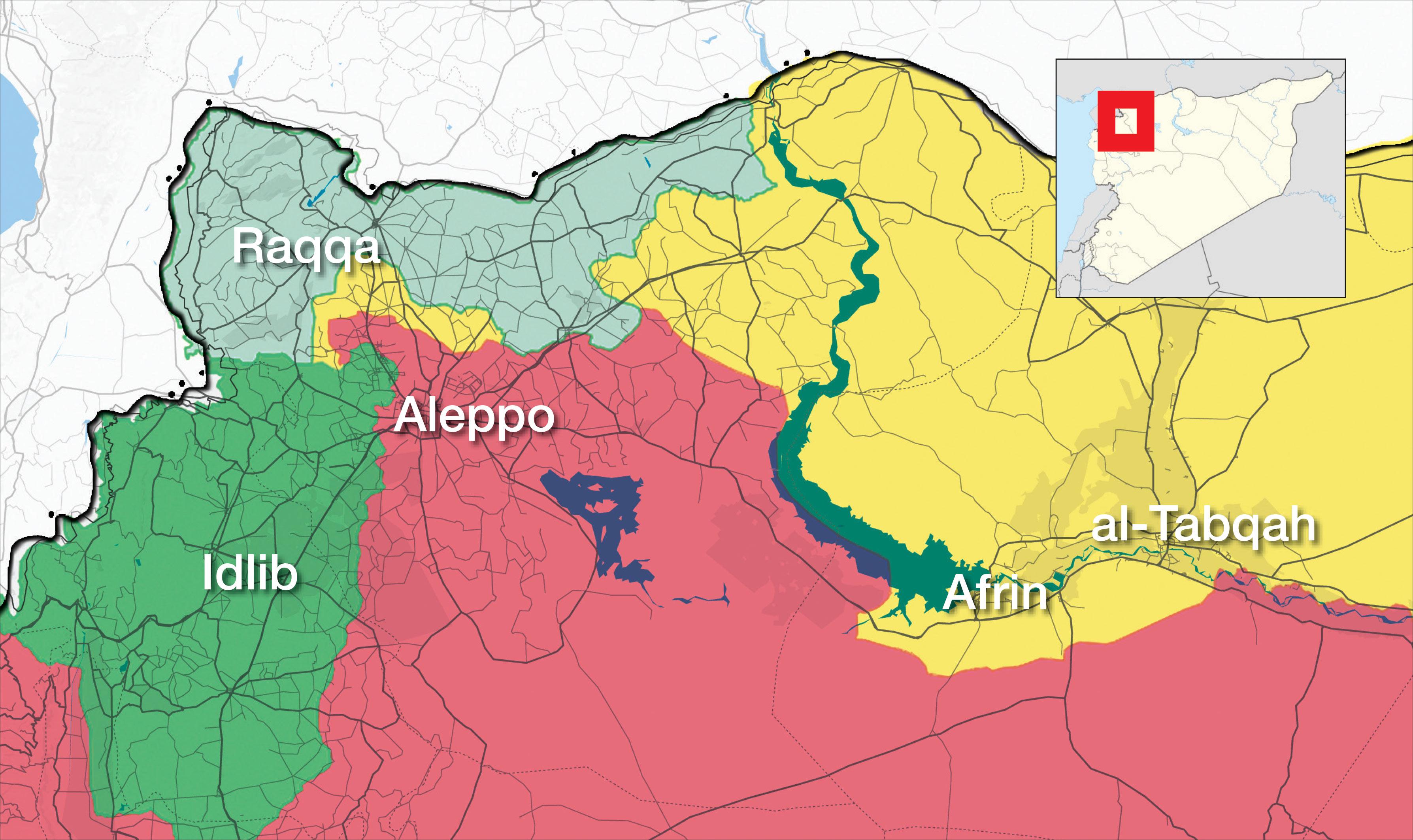 A map showing military control areas in Northern Syria (Livemap)