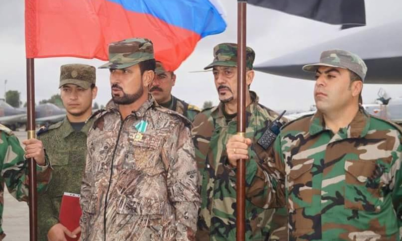 The Brigadier General of Assad’s forces Suheil al-Hassan on a visit to the Khmeimim Air Base in rural Lattakia – (Internet)