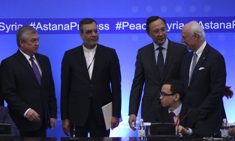 The delegates of the guarantor states, Russia, Turkey and Iran, during the “Astana” talks – May 2017 (Reuters)