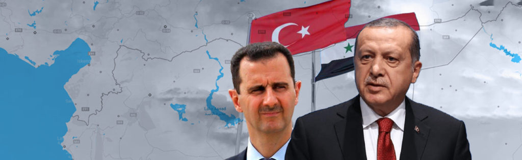 Expressive photo of Turkish President Recep Tayyip Erdogan and Syrian President Bashar al-Assad (modified by Enab Baladi)