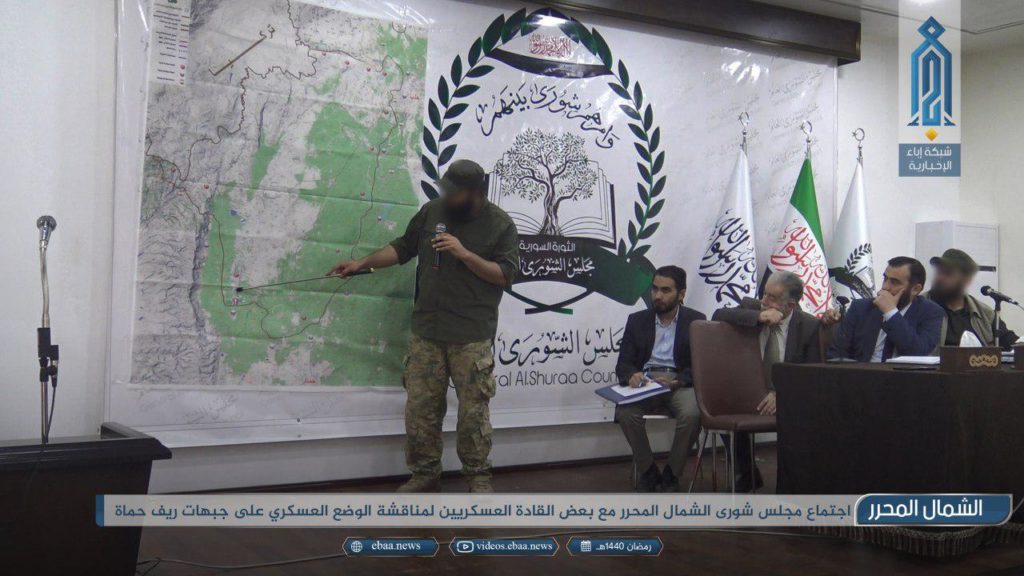A meeting between HTS military and the Syrian North Shura Council, to form Popular Resistance Companies in the governorate of Idlib - May 12, 2019 (Iba’a Agency)