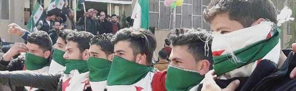 Students of Free Aleppo University demonstrating at the university campus - 18 March 2019 (Free Aleppo University Facebook page)