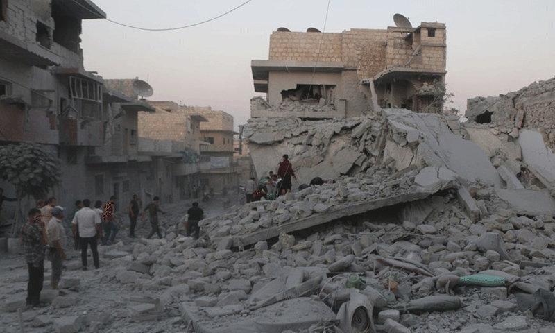 Destruction inflicted upon civilians’ houses in the city of Ma`arat al-Nu`man, southern Idlib, by the Syrian regime’s warplanes – August 28, 2019 (Syria Civil Defense)