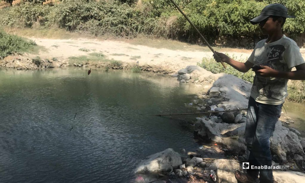 A young man fishing in the Assi River, near the city of Darkoush, western rural Idlib -September 8, 2019 (Enab Baladi)