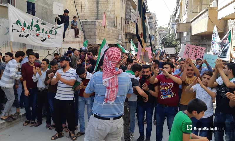 Demonstrations in the towns of Dabiq, Binnish and  Kafar Takharim, rural Aleppo, on the Friday of “Together We Are Brought by the Revolution and United by Its Flag We Stand”.– September 13, 2019 (Enab Baladi)