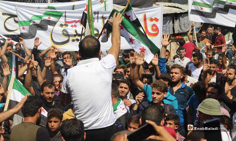 Demonstrations in the towns of Dabiq, Binnish and  Kafar Takharim, rural Aleppo, on the Friday of “Together We Are Brought by the Revolution and United by Its Flag We Stand”.– September 13, 2019 (Enab Baladi)