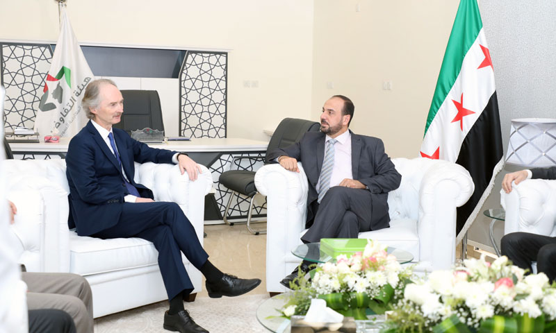 Nasr al-Hariri, Head of the Syrian High Negotiations Committee (HNC) is meeting with U.N. Special Envoy for Syria Geir Pedersen ( HNC’s Twitter account)
