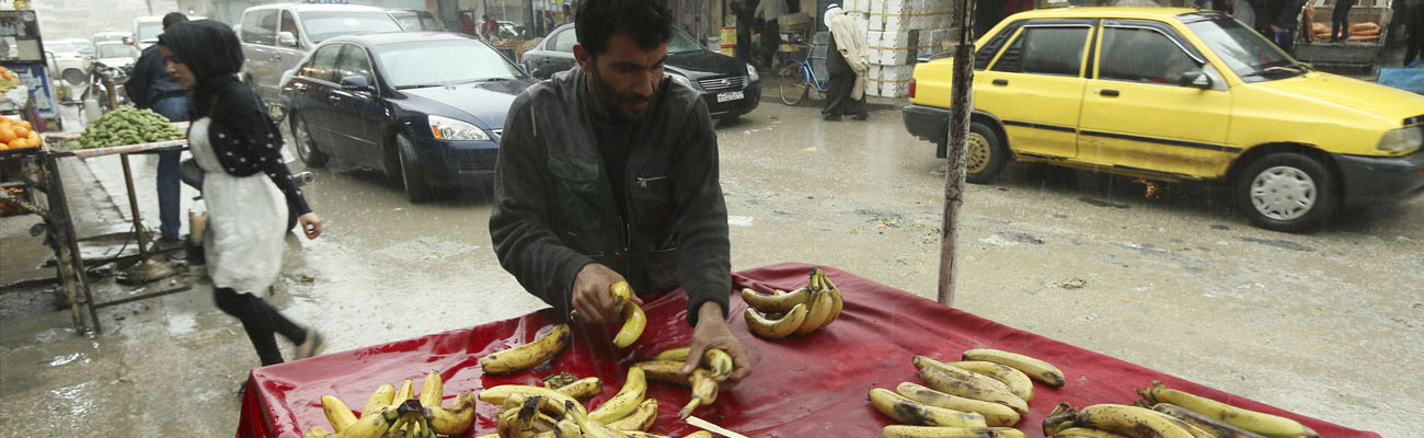 A merchant arranging bananas on his cart in Qamishli, eastern Syria - April 2016 (Reuters)