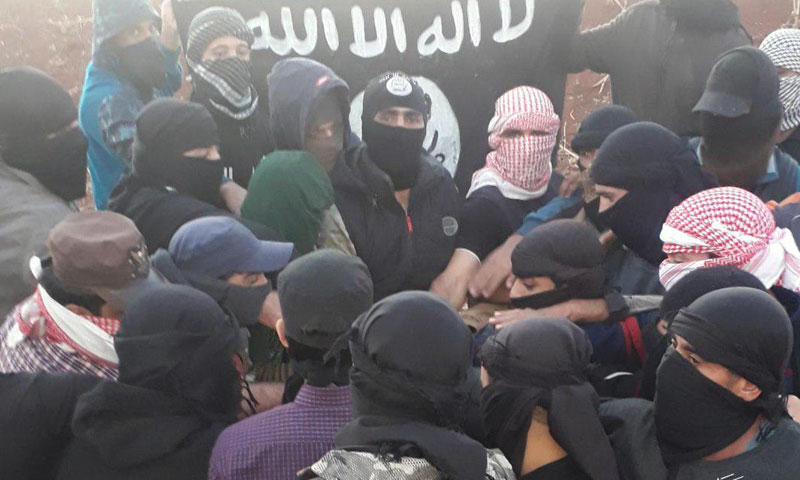 Fighters pledging allegiance to ISIS leader Abu Ibrahim al-Hashimi in Hauran region, southern Syria, November 5, 2019 (Amaq News Agency)