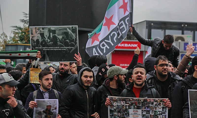 Demonstrators protesting near the Russian consulate in Istanbul