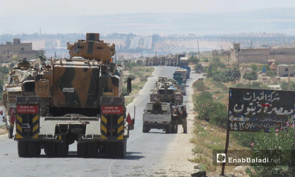 A convoy of the Turkish Armed Forces was forced to stop near the village of Maʿar Hatat, south of Maarat al-Numan in the province of Idlib after being targeted by the Syrian regime forces - 19 August 2019 (Enab Baladi)