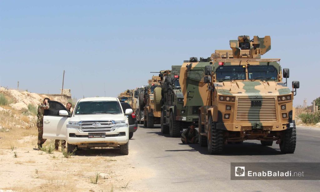 A convoy of the Turkish Armed Forces was forced to stop near the village of Maʿar Hatat, south of Maarat al-Numan in the province of Idlib after being targeted by the Syrian regime forces - 19 August 2019 (Enab Baladi)