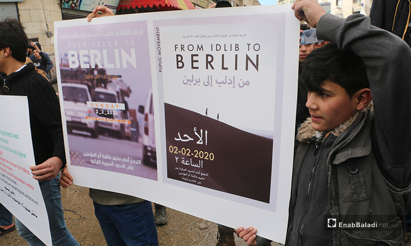 The residents of Idlib orgainzed a demonstration, condemning the Russian and Syrian regime bombing of Idlib and denouncing the failure of opposition factions to stave off the regime’s progress - 31 January 2020 (Enab Baladi)