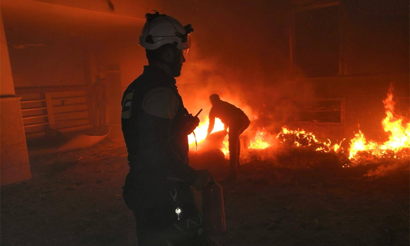 The opposition’s Syrian Civil defence volunteers put out fires caused by the bombing that targeted the city of al-Bab- 2 February 2020 ( the Syrian Civil Defense Facebook page )