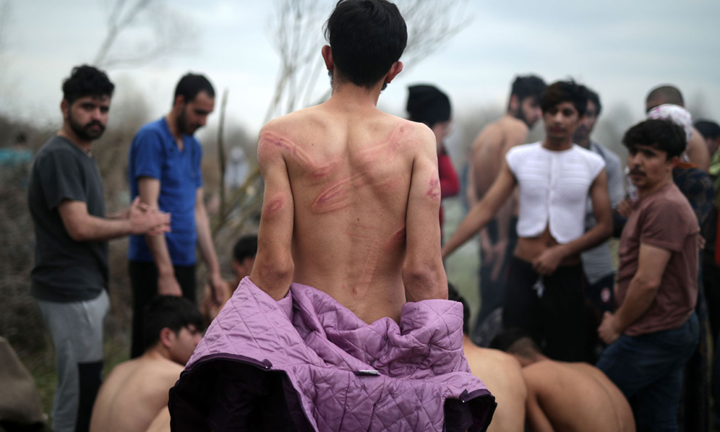 Refugees on the Turkish-Greek borders after being stripped of their clothes by Greek forces - 6 March 2020 (TRT)