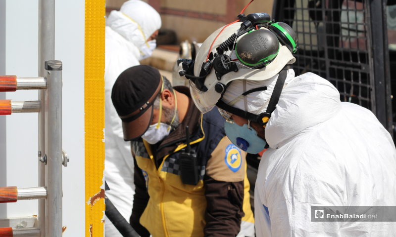 The Syrian civil defense teams carried out a disinfecting campaign for vital facilities in Akhtarin city north of Aleppo to prevent the spread of the novel coronavirus (Covid-19) – 24 March 2020 (Enab Baladi)