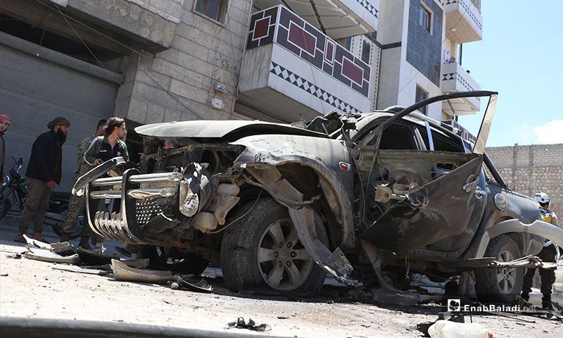 The explosion of an improvised explosive device (IED) detonated under a pickup vehicle for one of the members of the “Sultan Murad” Division, affiliated to the Turkey-backed Syrian National Army (SNA) in al-Bab city, in the north-eastern countryside of Aleppo province. The explosion injured the targeted vehicle’s driver– 25 May 2020 (Enab Baladi / Asim Melhem)