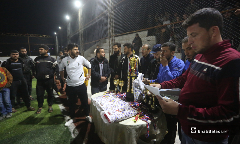 Honoring the teams of Deir Hassan and Akrabat for winning the first and second place in the final match of the North Stars League in Kah stadium in Idlib – 03 May 2020 (Enab Baladi)