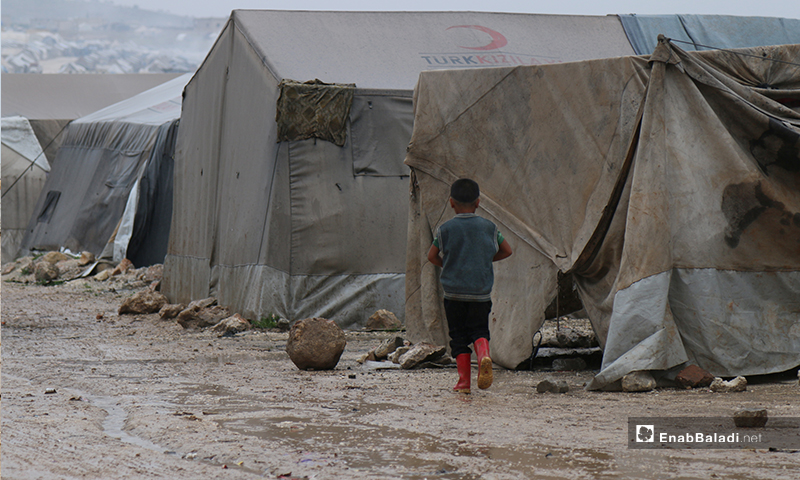 A child walks in the rain in Aleppo Labbeh camp - 24 April 2020 (Enab Baladi)