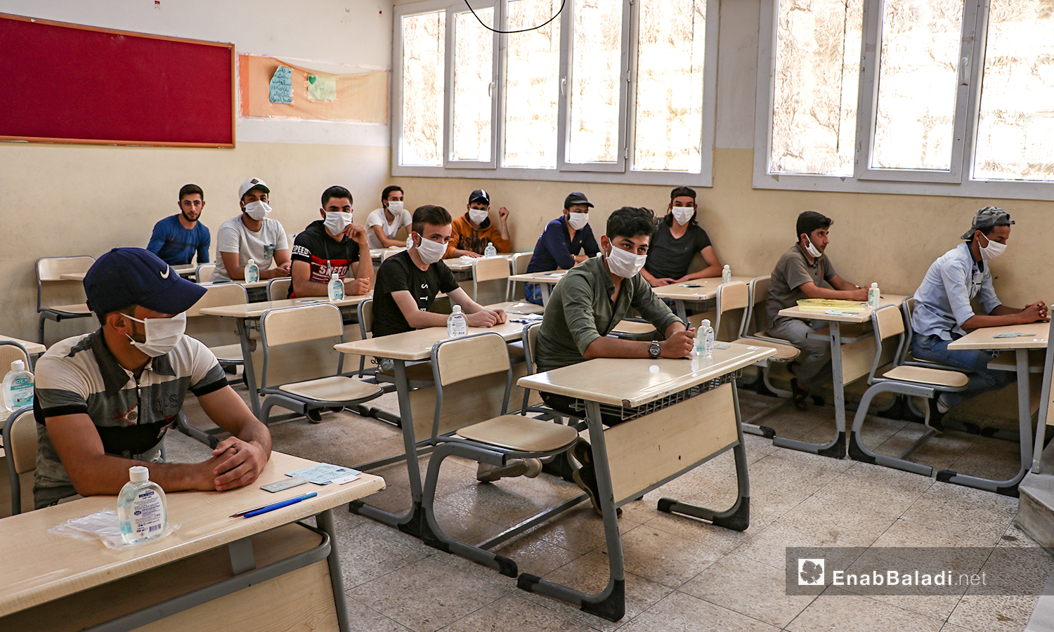 Students undergoing the final exams of the high school certificate amid the coronavirus (COVID-19) protective measures in al-Bab city of northern Aleppo countryside – 12 July 2020 (Enab Baladi / Asim Melhem)