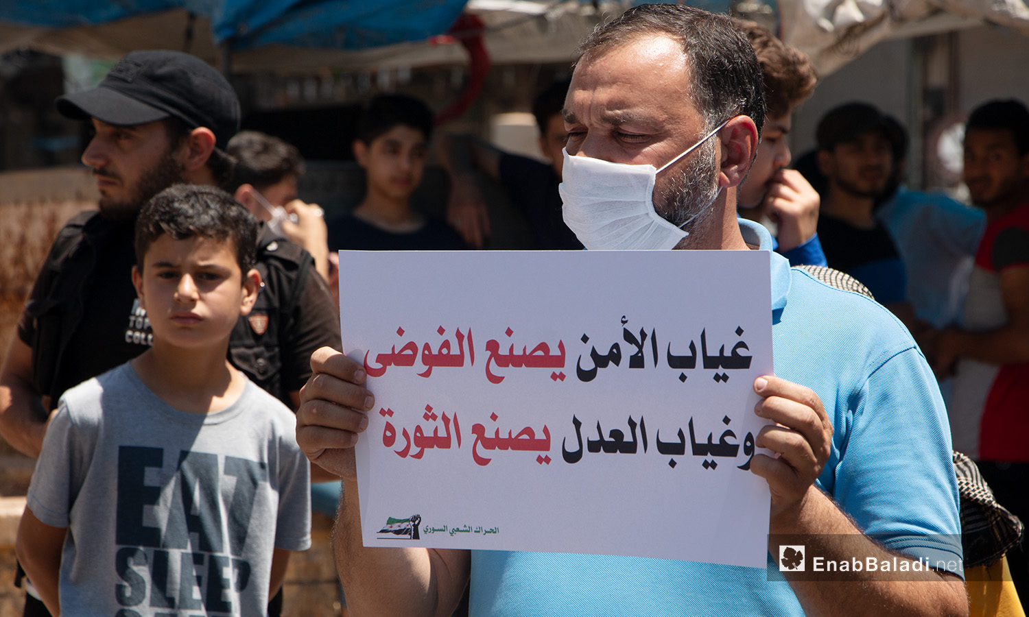 
A protest stand in Idlib city’s Clock Square – 17 July 2020 (Enab Baladi / Anas al-Khouli)
