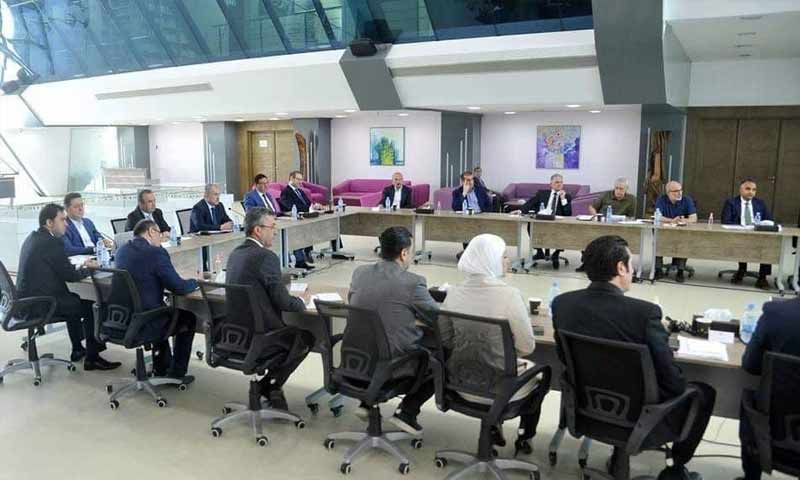 Syria's Prime Minister, Hussein Arnous, with members of Damascus Cham Holding Company to discuss the "Marota City" project - 25 June 2020 (Marota City)