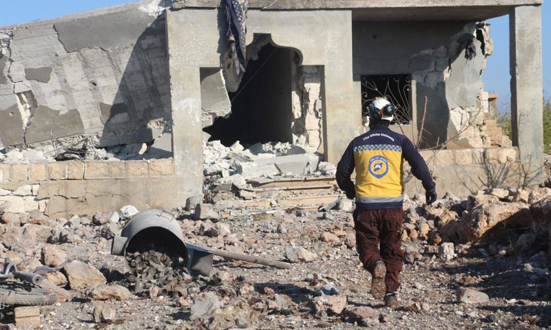 A member of the Syrian Civil Defence is checking a house bombed by the Syrian regime- 7 November 2020 (Syria’s Civil Defence / Facebook)