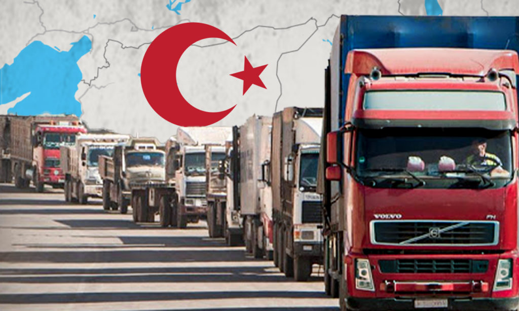 Trucks transporting goods and relief aid through the Bab al-Hawa border crossing (Edited by Enab Baladi)