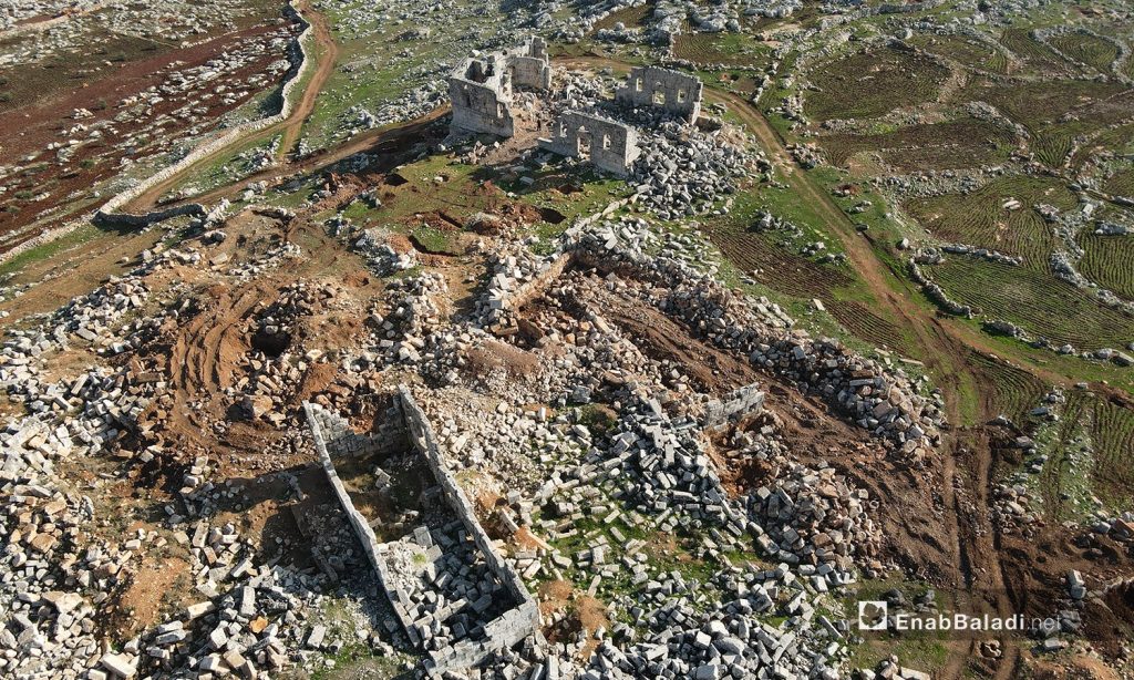 Drone photos showing severe damage at the Banqusa Archeological Site in the al-Wastani Mount, Idlib countryside – 13 January 2021 (Enab Baladi/Yousef Ghuraibi)