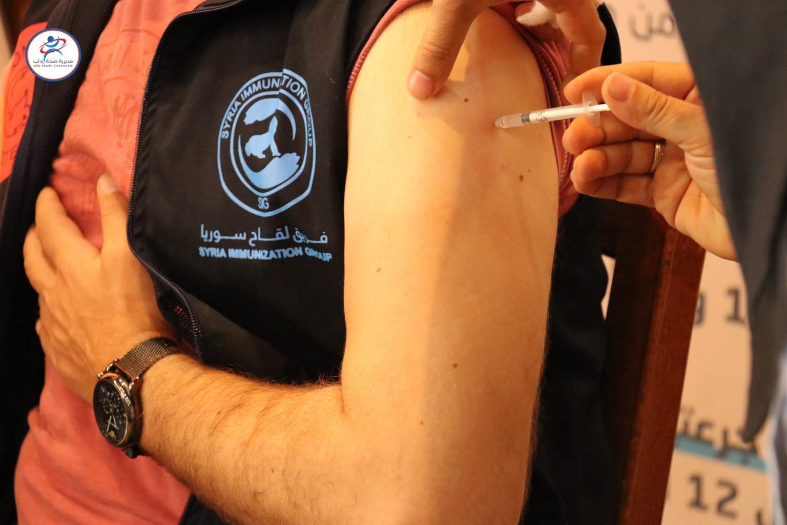 COVID-19 vaccine shots administrated to a group of workers of the Idlib Health Directorate, Assistance Coordination Unit (Syrian Immunization Group) and the Syrian Civil Defense – 1 May 2021 (Idlib Health Directorate-Facebook)