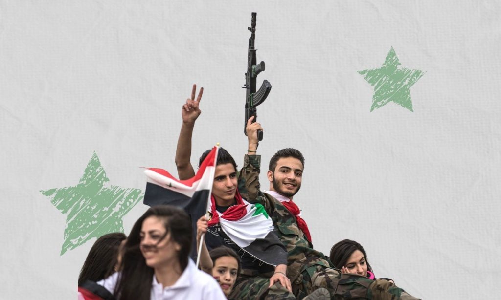 A group of young people expressing their support to the 2021 re-election campaign of Syrian regime president Bashar al-Assad (Xinhua / edited by Enab Baladi)