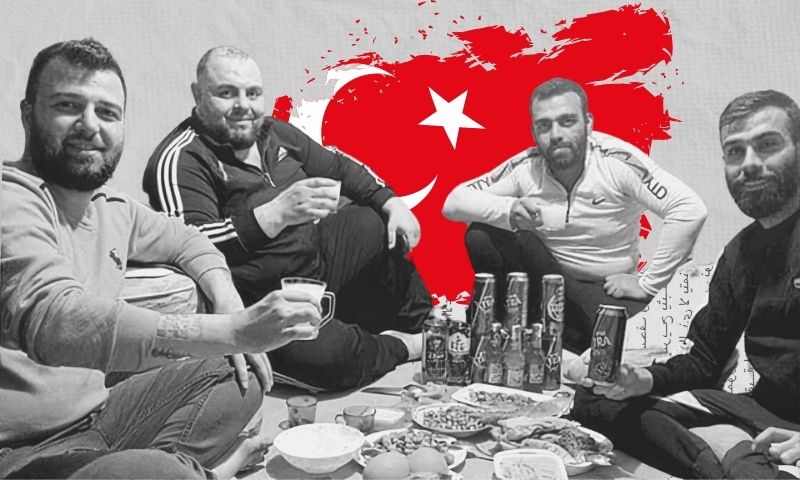 People smuggler Karam Yahya sitting with Syrian regime extreme loyalists (shabiha) in the Turkish city of Mersin (Karam Yahya’s Facebook account - edited by Enab Baladi)