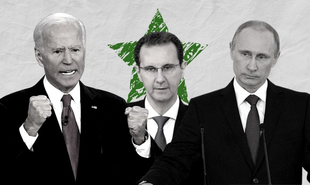 Russian President Vladimir Putin, the head of the Syrian regime Bashar al-Assad, and United States President Joe Biden (edited by Enab Baladi)