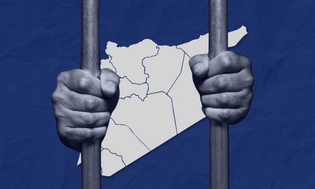Hands holding prison bars with a map of Syria in the background (edited by Enab Baladi)
