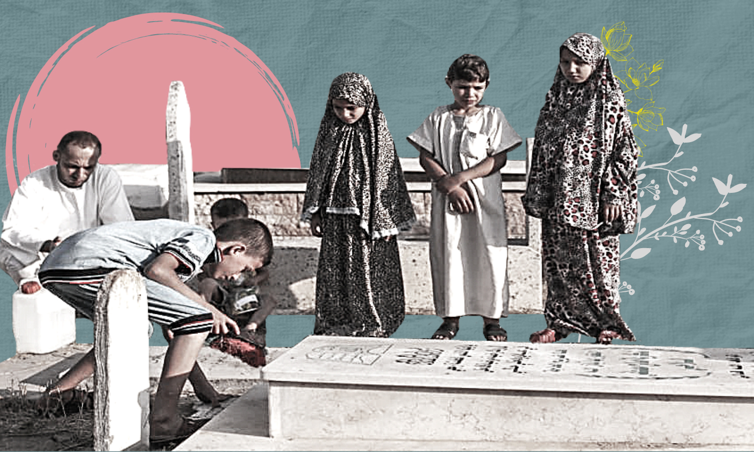 People visiting the grave of their family member (Edited by Enab Baladi)