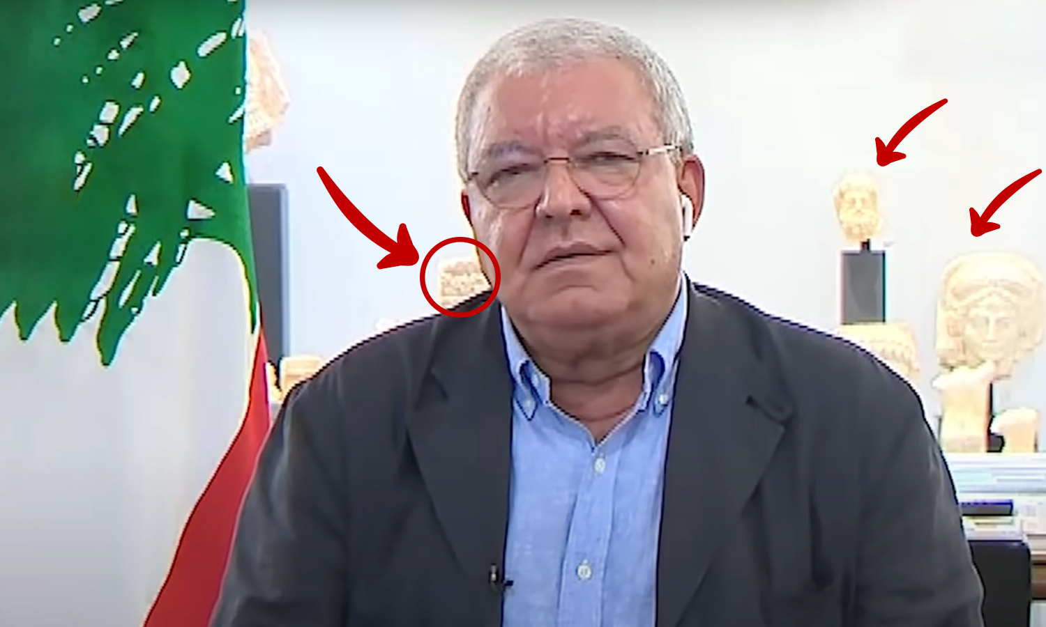 Looted Syrian artifacts displayed in the background of Lebanese PM, Nohad Machnouk during a remote interview with Al-Jadeed TV (Edited by Enab Baladi)