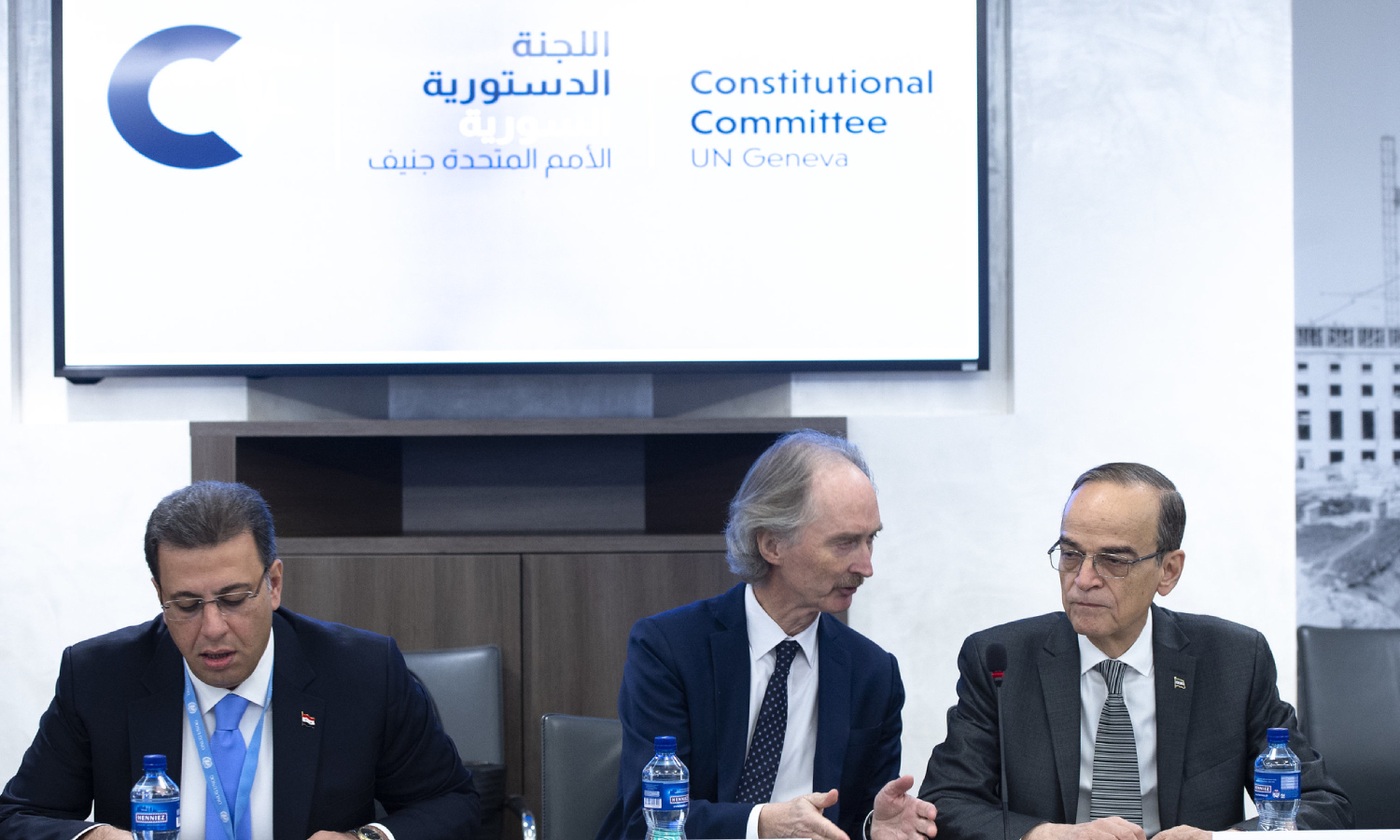  UN Special Envoy to Syria, Geir Pedersen and the two Joint Heads (Ahmad al-Kuzbari, from the regime delegation and Hadi al-Bahra, from the opposition delegation(United Nations)
