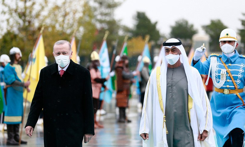 Turkish President Recep Tayyip Erdogan welcomes Abu Dhabi Crown Prince Sheikh Mohammed bin Zayed al-Nahyan in Ankara, Turkey on 24 November 2021