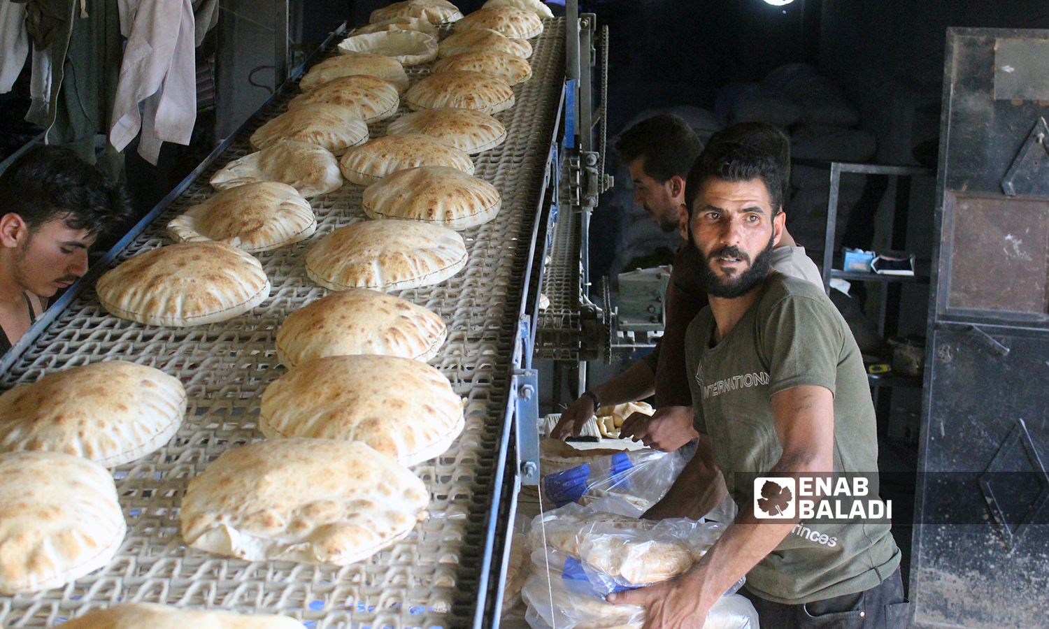 Workers packing bread in nylon bags in the al-Bab city’s automated bakery - 8 October 2021 (Enab Baladi/Siraj Mohammed)