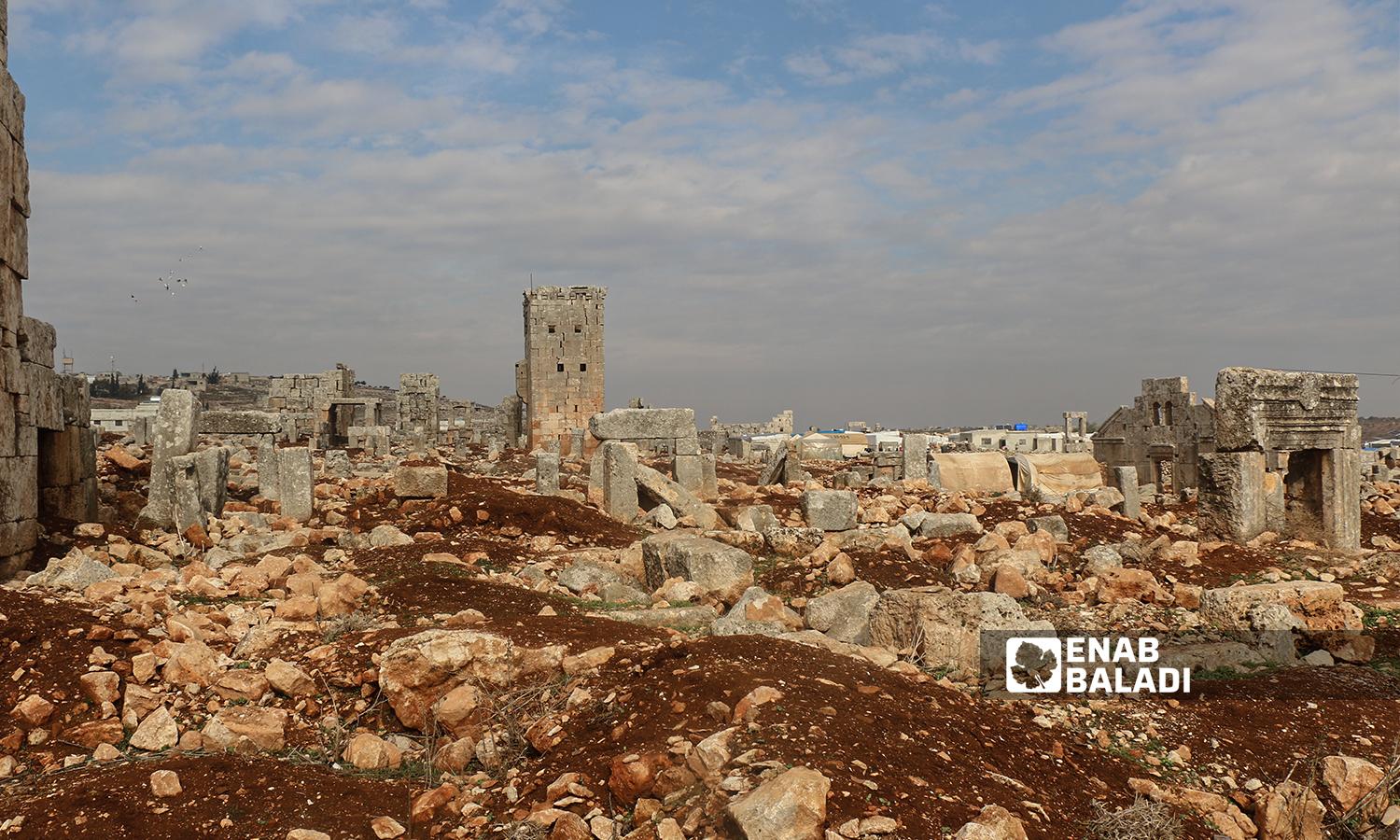 An archeological site containing the remains of an ancient church and a tower in the historical Sarjableh area in the northern countryside of Idlib governorate - 22 January 2022 (Enab Baladi / Iyad Abdul Jawad)
