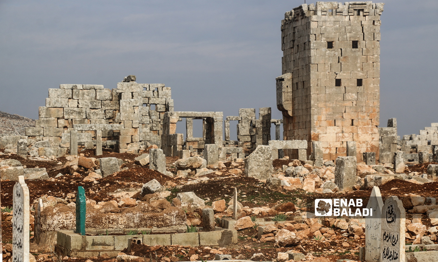A cemetery established near an archeological site in the historical Sarjableh area in the northern countryside of Idlib governorate - 22 January 2022 (Enab Baladi / Iyad Abdul Jawad)
