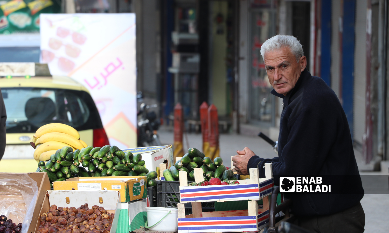 A vegetable and fruit seller leaning on his cart in the city of Idlib (Enab Baladi)