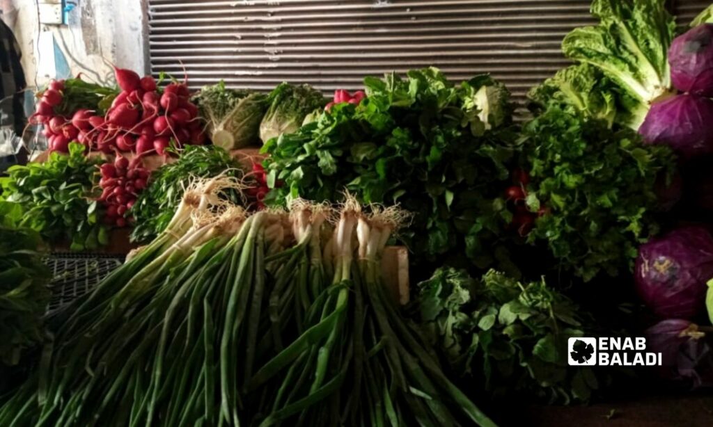 Vegetables for sale in Ugarit street market located between al-Owaineh and Slaybeh neighborhoods in Latakia city - 2 April 2022 (Enab Baladi)